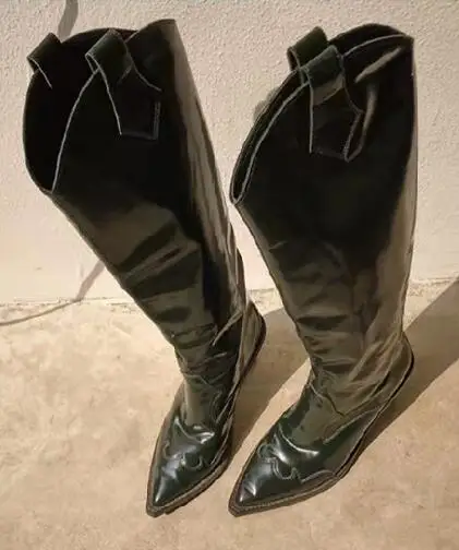 

New 2019 Spring Black/Green Patent Leather Pointed Toe V Shape Open Slip On Transparent Wedge 85 mm Heels Knee High Long Boots