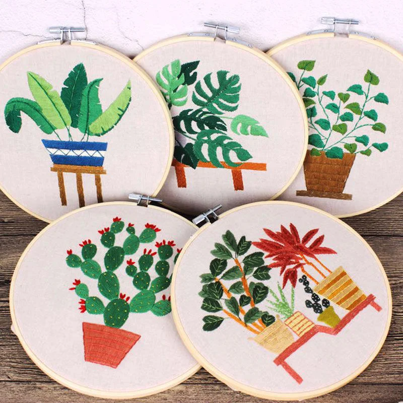 

DIY Green Plant Flower Embroidery Printed Needlework Cross Stitch Sewing with Hoop Kits For Beginner Handwork Nordic Home Decor