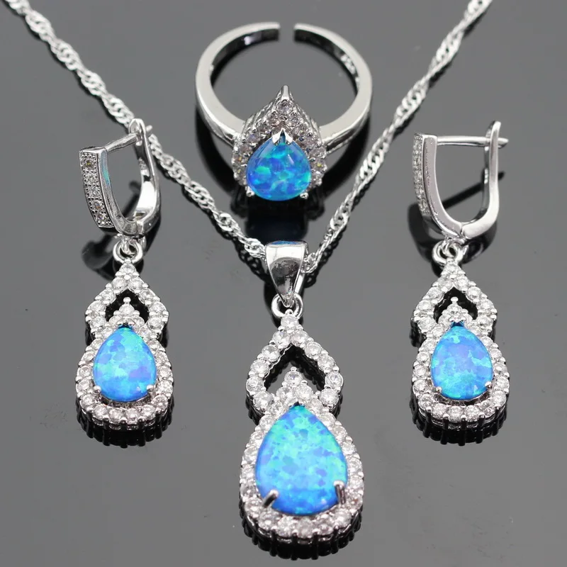 Australia Blue Opal White Stones Silver Color Jewelry Sets