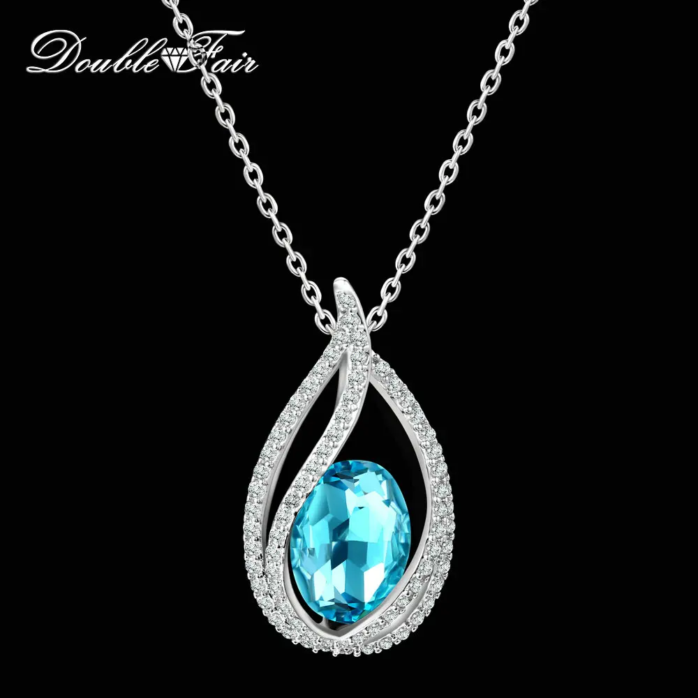 Double Fair Cubic Zirconia Big Blue Crystal Women's Necklace & Pendants Silver Color Elegant Wedding Jewelry For Women DFN292