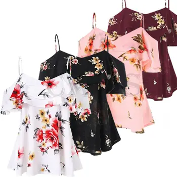 

Fashion Summer Women Chiffon Blouses Tops Sexy Sling Short Sleeve Tunic Blouse Flower Print Shirts Plus Size Female Clothes