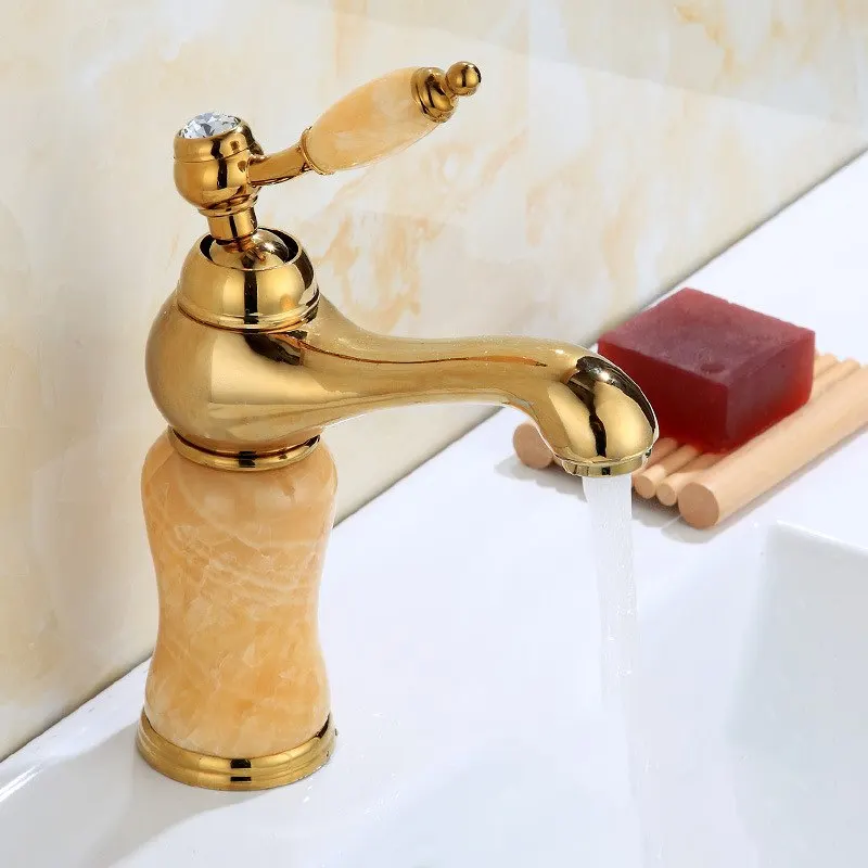 

Gold & Rose Gold Jade Article Bathroom Decorating Faucet Single Handle Single Hole Sink Basin Faucet Water Tap Mixer