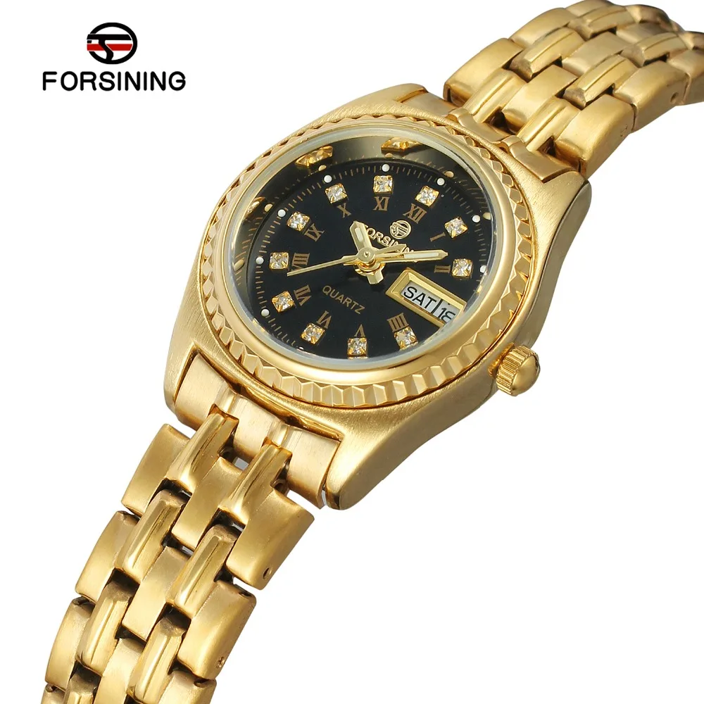 

Forsining Mens' New Arrival Quartz Wristwatches Stainless Steel Bracelet Black Color Dial with Stones Date Week Function Clock