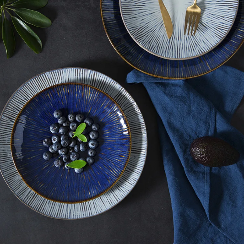 

8 /10.5 inch color glaze blue and light grey ceramic Plate set for dinner dessert snack cake salad