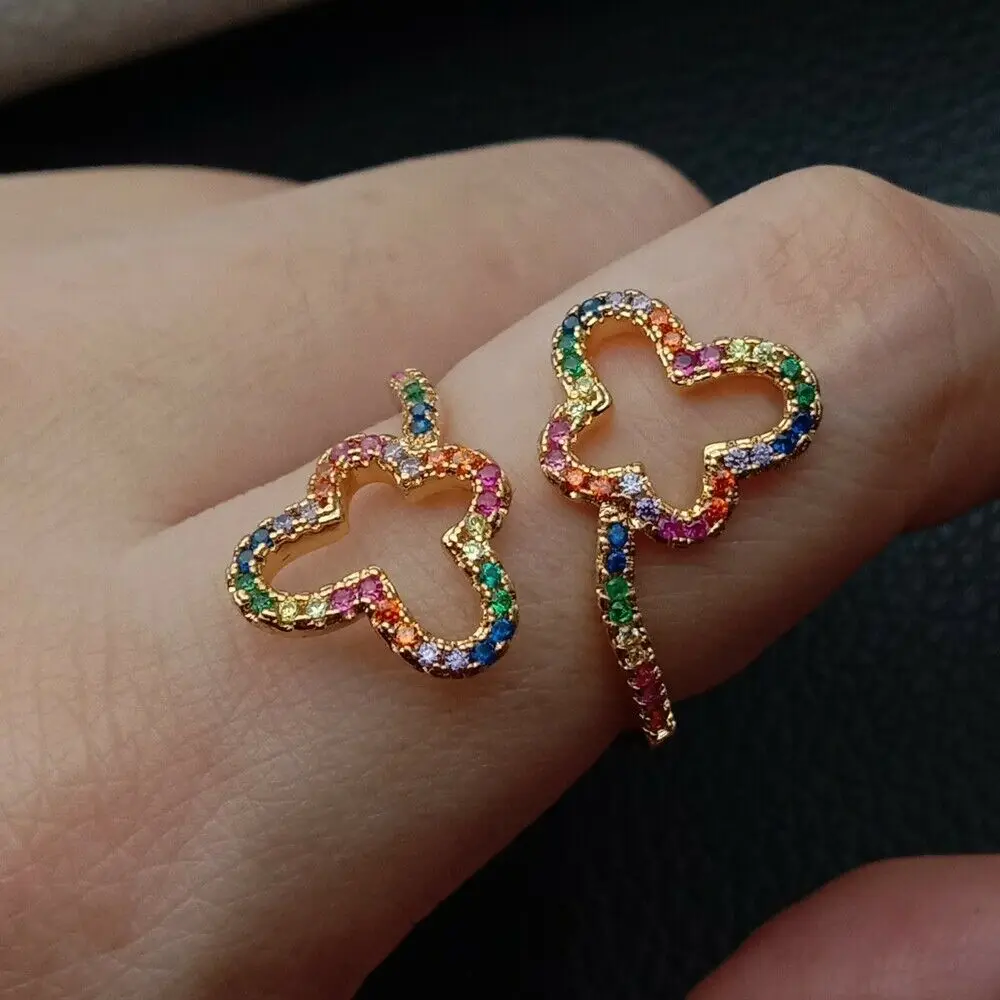 

colorful cz fashion Flower ring paved multi color rainbow cz open adjust rings