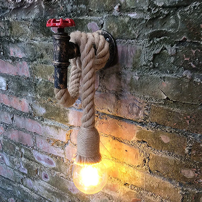 

Creative Lt Industrial Hemp Rope Rust Iron Water Pipe Wall Lamp WitE27 Edison Bulb Wall Sconce Steampunk Lighting Fixture