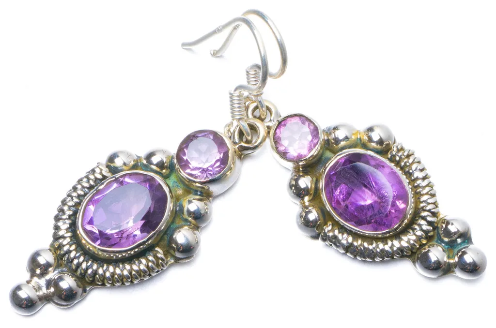 

Natural Amethyst Handmade Unique 925 Sterling Silver Earrings 1.75" Y0721