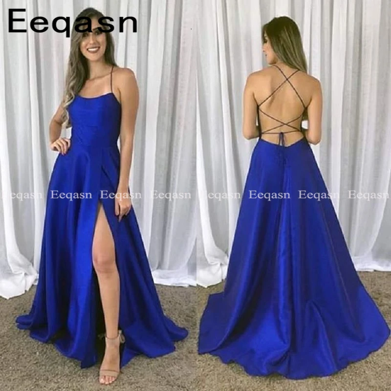 

Royal Blue Prom Dresses elegant Evening Dress with slit 2019 women satin formal party gown robe soiree vestido de festa