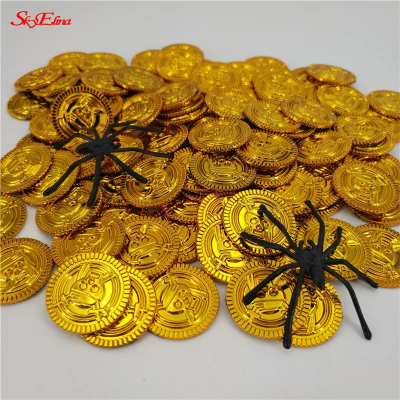 100Pcs Plastic Gold Treasure Coins Captain Pirate Party Favors Pretend Treasure Chest Kids Party Coins Supplies 7Z