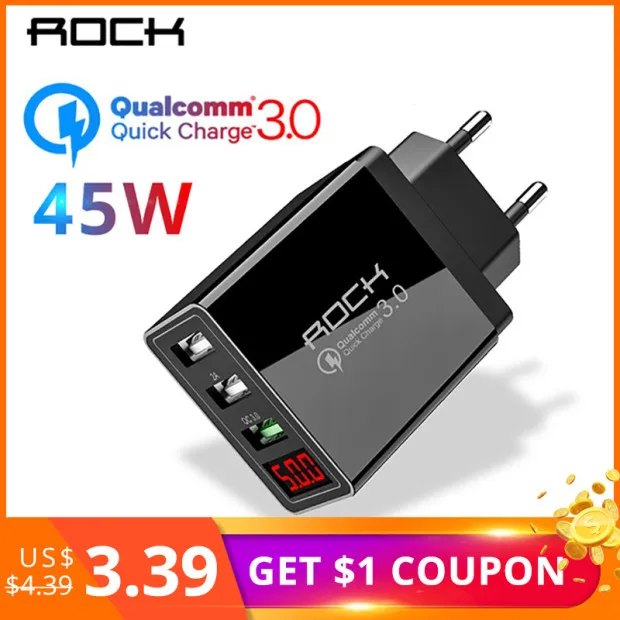 

ROCK 3Ports LED Display Fast Charging Quick charge 3.0 Phone USB Charger For iPhone Samsung Xiaomi quick charger Wall Adapter EU