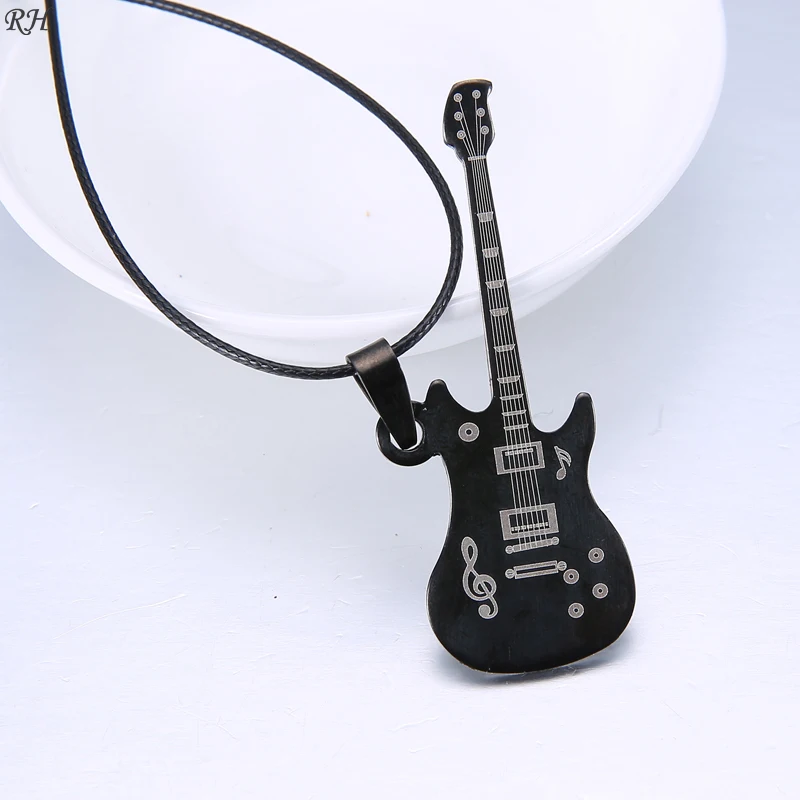 Мода 316L нержавеющая сталь гитара ожерелье для мужчин Подвески кожаная цепь, мужские ожерелья