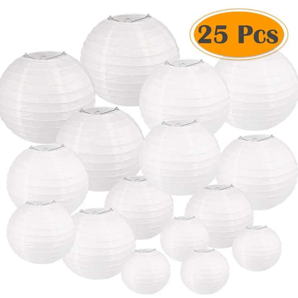 

25 Pcs/set White Paper Lanterns with Assorted Sizes Round Paper Lanterns Chinese Paper lampion Wedding Party Hanging Decor Favor
