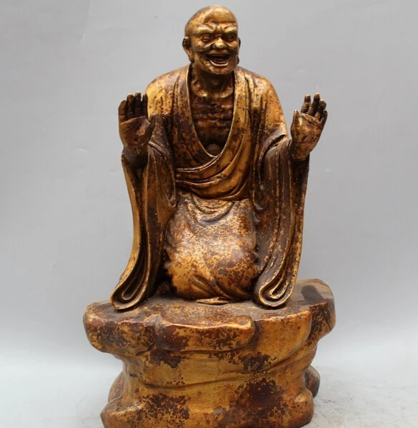 

wholesale factory 15" Chinese Buddhism Bronze Gild Eighteen Arhats kneel shaveling Monk Buddha