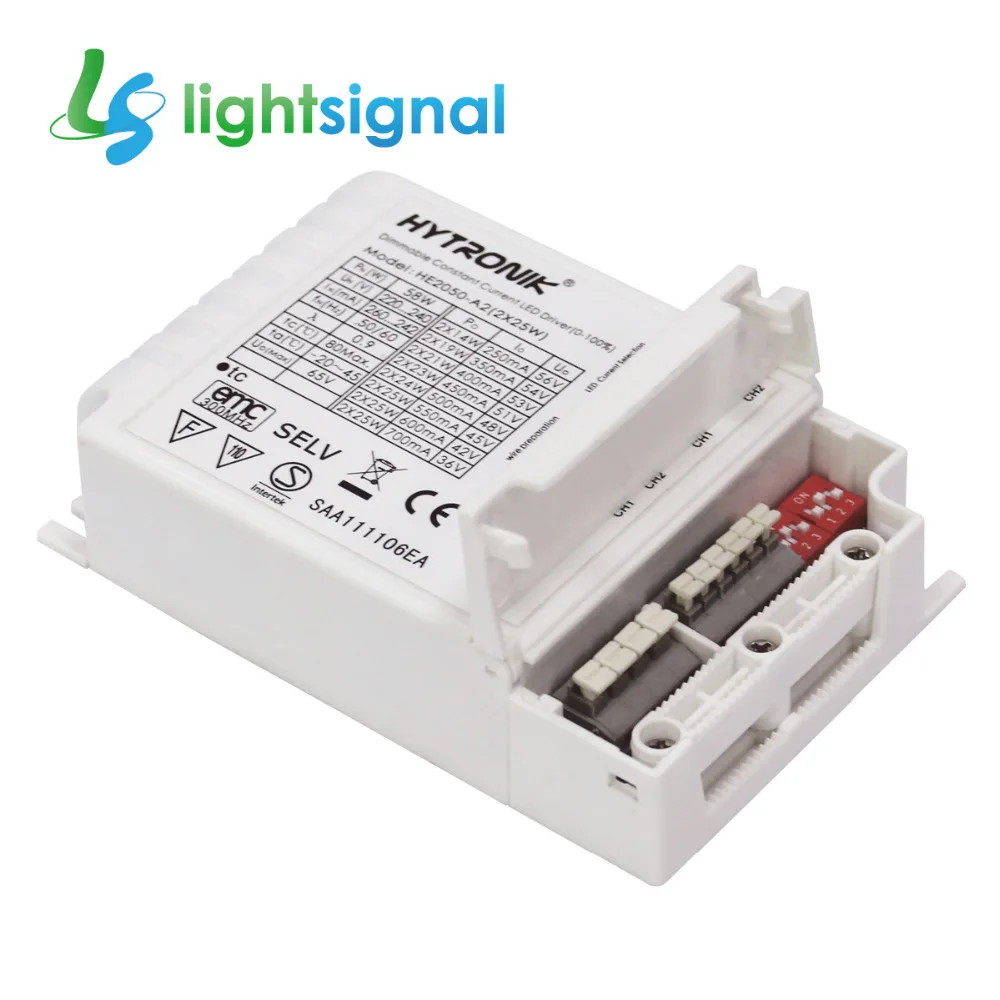 

50W (2*25W) dual output dimmable LED driver LED power supply DIP selectable current 250~700mA,switch push dimming 1~10v dimming