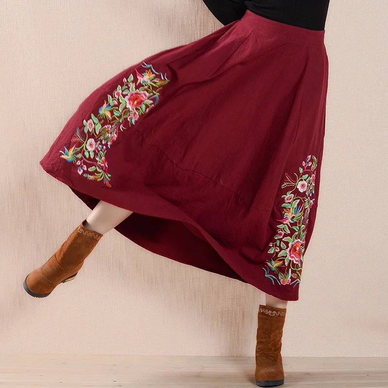 Женская хлопковая льняная юбка в этническом стиле, средняя талия, весна-осень, винтажная плиссированная юбка с цветочной вышивкой, Jupe Femme