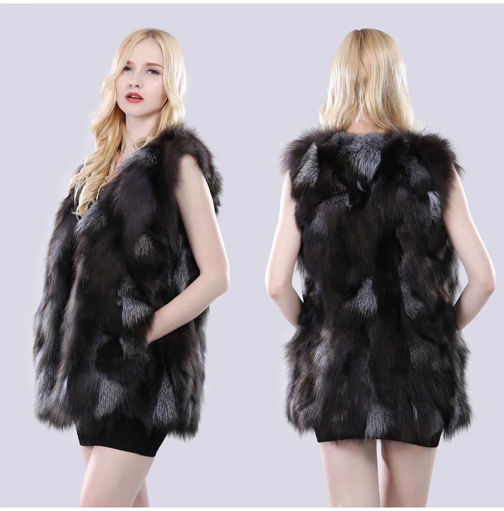 New Style Women Winter Long Genuine Silver Fox Fur Vest Natural Soft Fox Fur Gilet Lady Warm Real Fox Fur Sleeveless Jacket