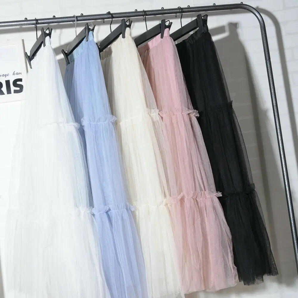Женская многослойная Тюлевая юбка для девочек, новая длинная сетчатая плиссированная юбка принцессы с высокой талией, однотонные юбки в Корейском стиле, лето