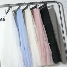 Женская многослойная Тюлевая юбка для девочек, новая длинная сетчатая плиссированная юбка принцессы с высокой талией, однотонные юбки в Корейском стиле, лето