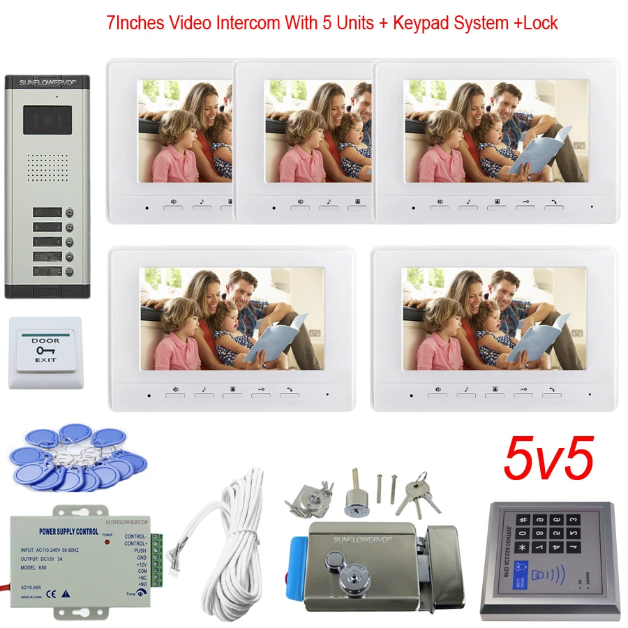 Access Control Keypad 5 Apartments Video Surveillance System Color 7\ Indoor Monitor Door Bell Video + Electronic Door Lock Unit