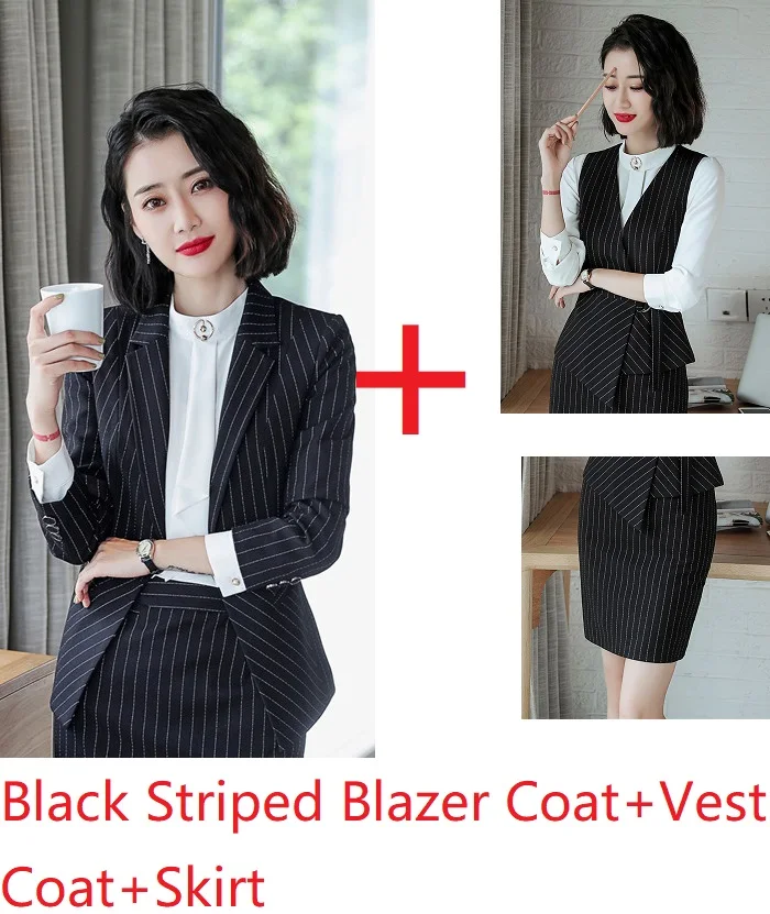 Black Striped Формальные 3 шт. профессиональные деловые костюмы с курткой и юбкой и жилетом пальто и жилет офисные женские блейзеры наборы OL стилей - Цвет: Black Striped