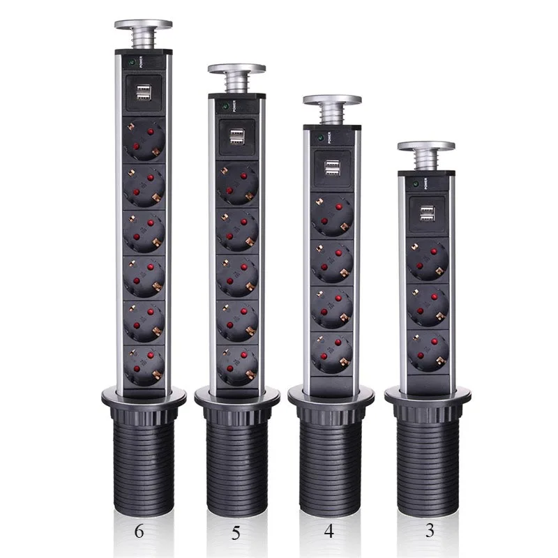 Prateleira de Alumínio Usb plus 2 Shinelite Plugue da ue 3 e 4 e 5 e 6 Poder Escondido Cozinha Mesa Pop up Tomada Elétrica 1 Led Prata e preto
