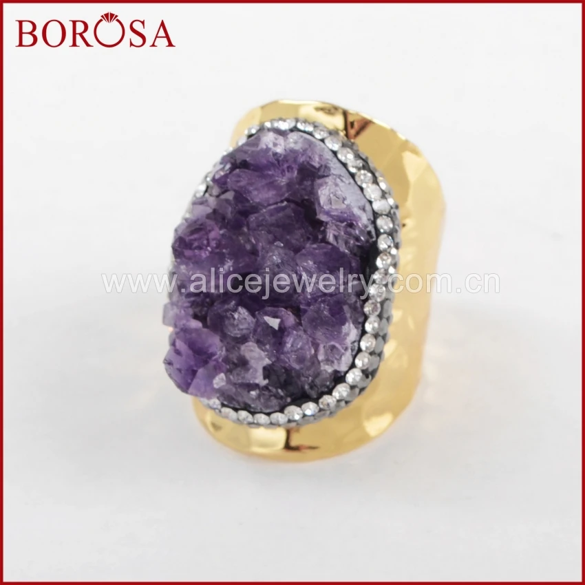 Кольцо borosa золотистого цвета Druzy, круглое сырье, натуральный фиолетовый кристалл, кварц, друза, камень, кольцо, стразы, вымощено для женщин, JAB592