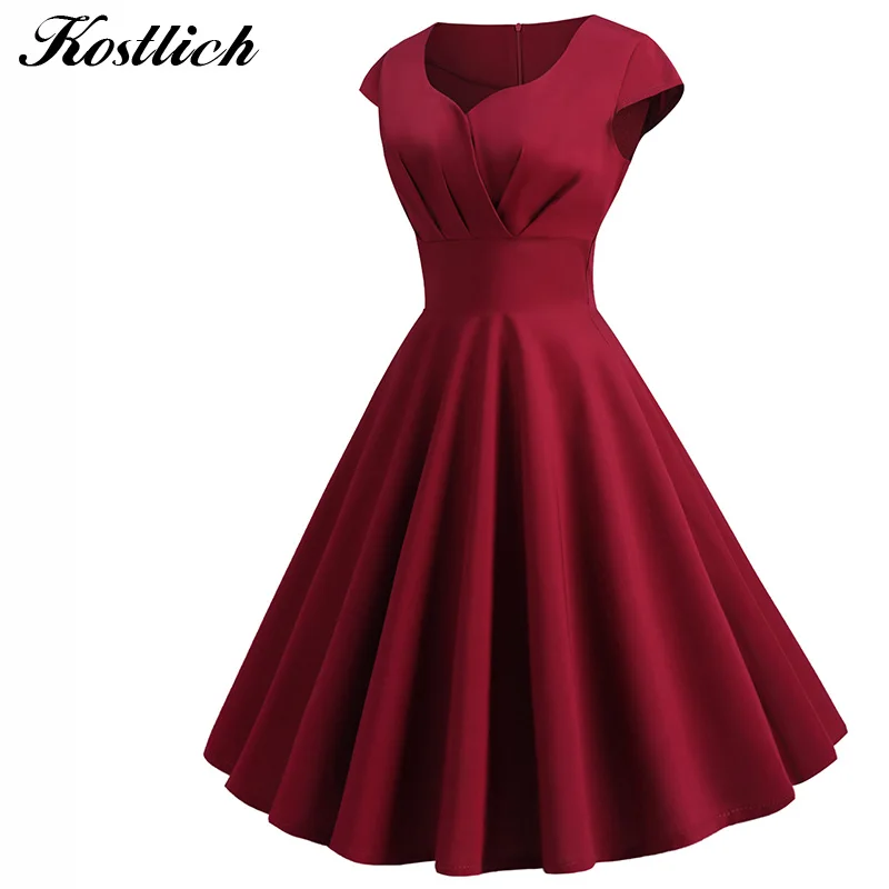 

Kostlich 2019 Summer Dress vintage Solid Color Sleeveless Puff Dress 50s 60s Hepburn style party dress waist slim dresses