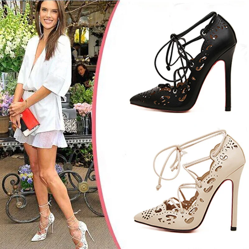 

Womens Shoes Plus Size 35-43 Luxury Brand Fashion Summer Sexy Hollow Split Leather High Heels Sandals Cross-tied Strappy Heels