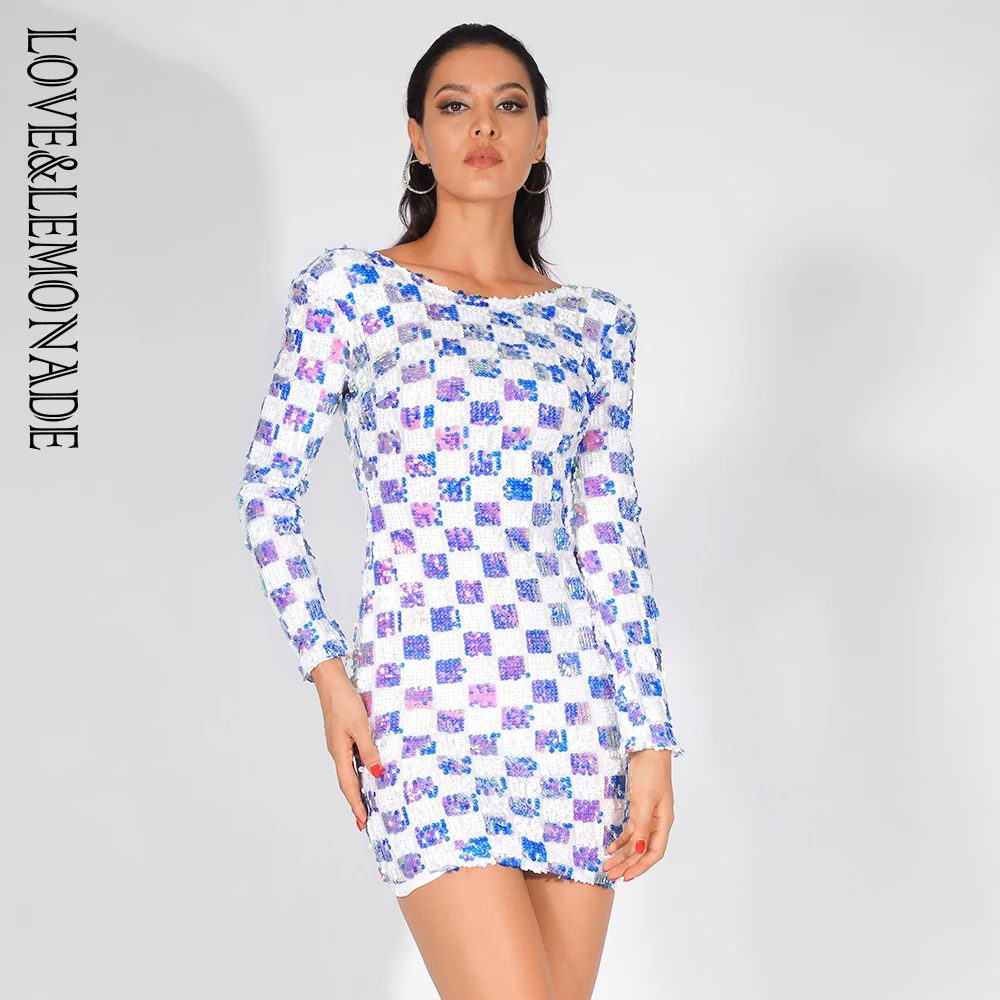 

Love&Lemonade Sexy Open Back Round Neck Long Sleeves Plaid Sequins Dress LM81518 WHITE