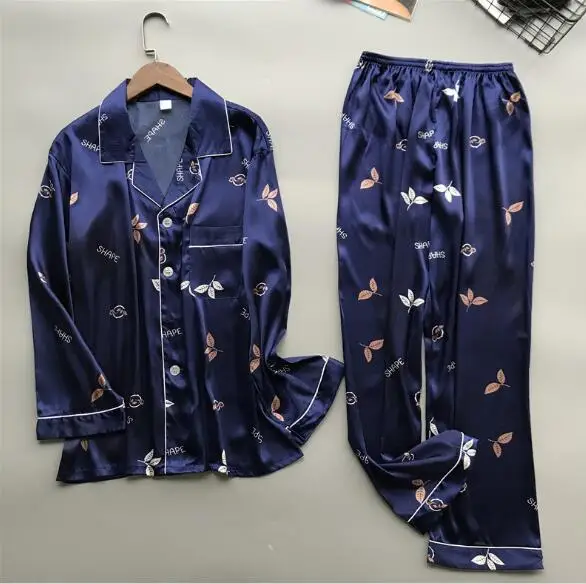 New brand men pajama set long sleeve silk men's pajamas print casual home clothes male sleepwear pyjama suit pijama hombre - Цвет: blue2