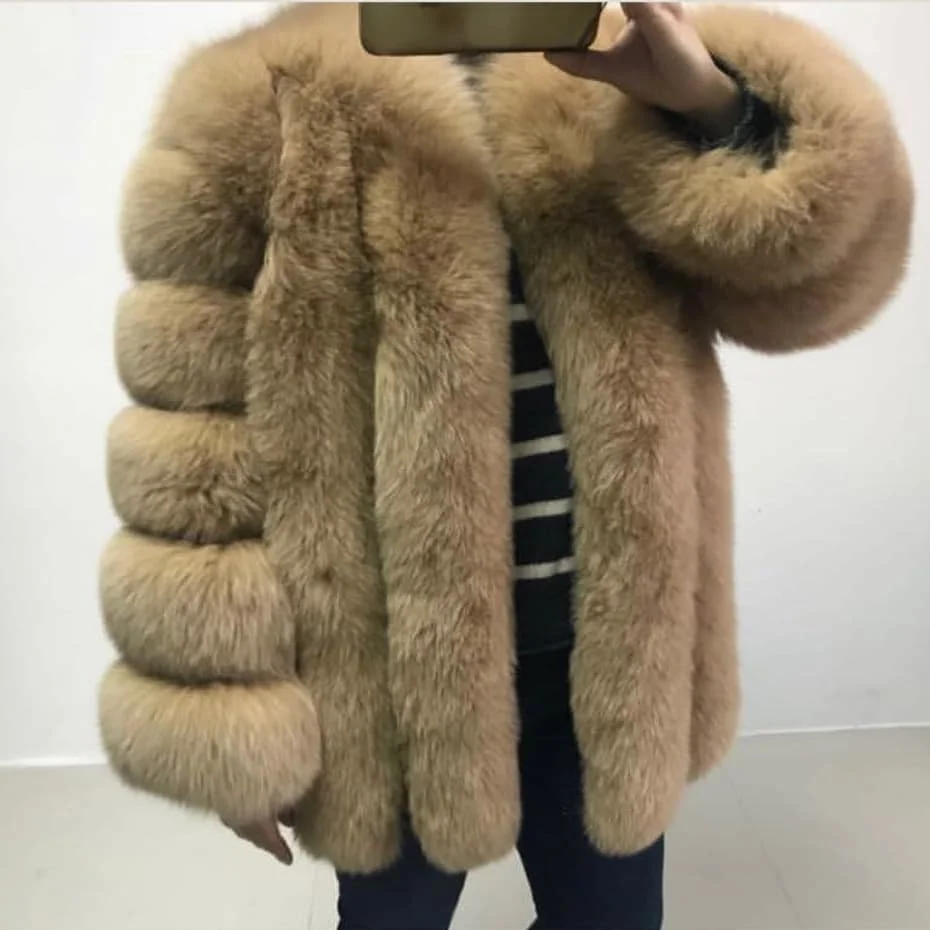 brown Женское пальто из натурального меха с натуральным лисьим мехом, зимняя куртка, полосатая теплая одежда с вырезами на рукавах, пальто из натурального меха, большие размеры - Цвет: brown