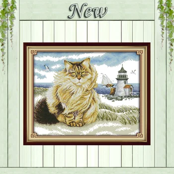

Fat cats and the lighthouse diy painting Counted printed on canvas 14CT 11CT chinese Cross Stitch Needlework kits Embroidery Set