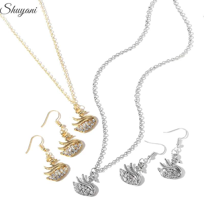 

Fashion Jewelry Set Rhinestone Swan Dangle Earrings with Necklace Pendant Hainging Up Brincos Chain Necklace For Women Girls