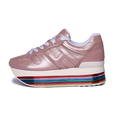 Разноцветные кроссовки на платформе; женская повседневная обувь; женская обувь из натуральной кожи на шнурках; tenis feminino; белые кроссовки на массивном каблуке - Цвет: pink rainbow