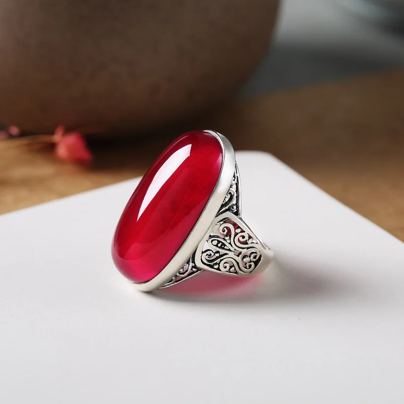 Genuine Solid Sterling Silver Ruby Ring 925 Initial Women Ring Large