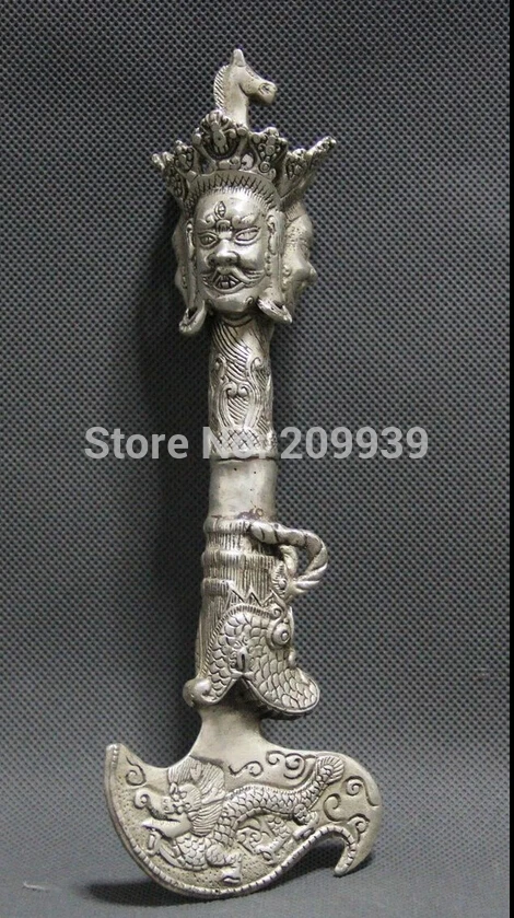 

huij 005537 8" Tibetan Buddhism Silver 3 Face Vajrapani Head Candle Phurba Dagger Holder A0403