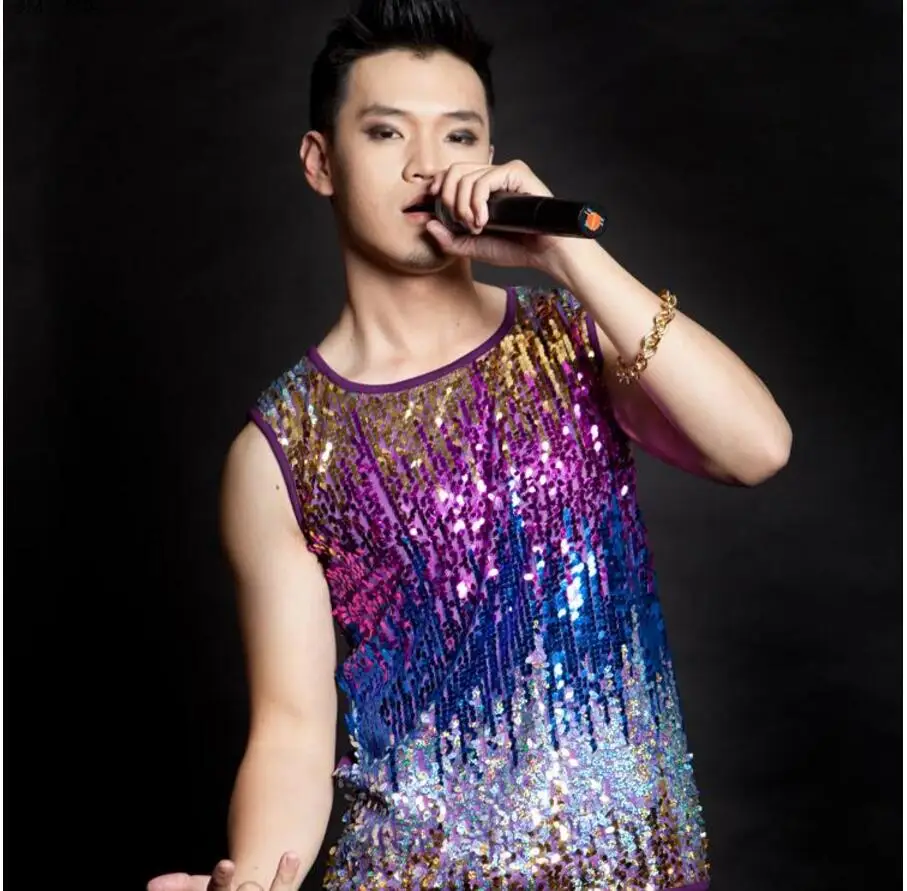 Sequins блестки лоскутный жилет модный бар сценическая одежда для ночных клубов мужчин и wo мужчин для певцов DS красочный градиент paillette жилет