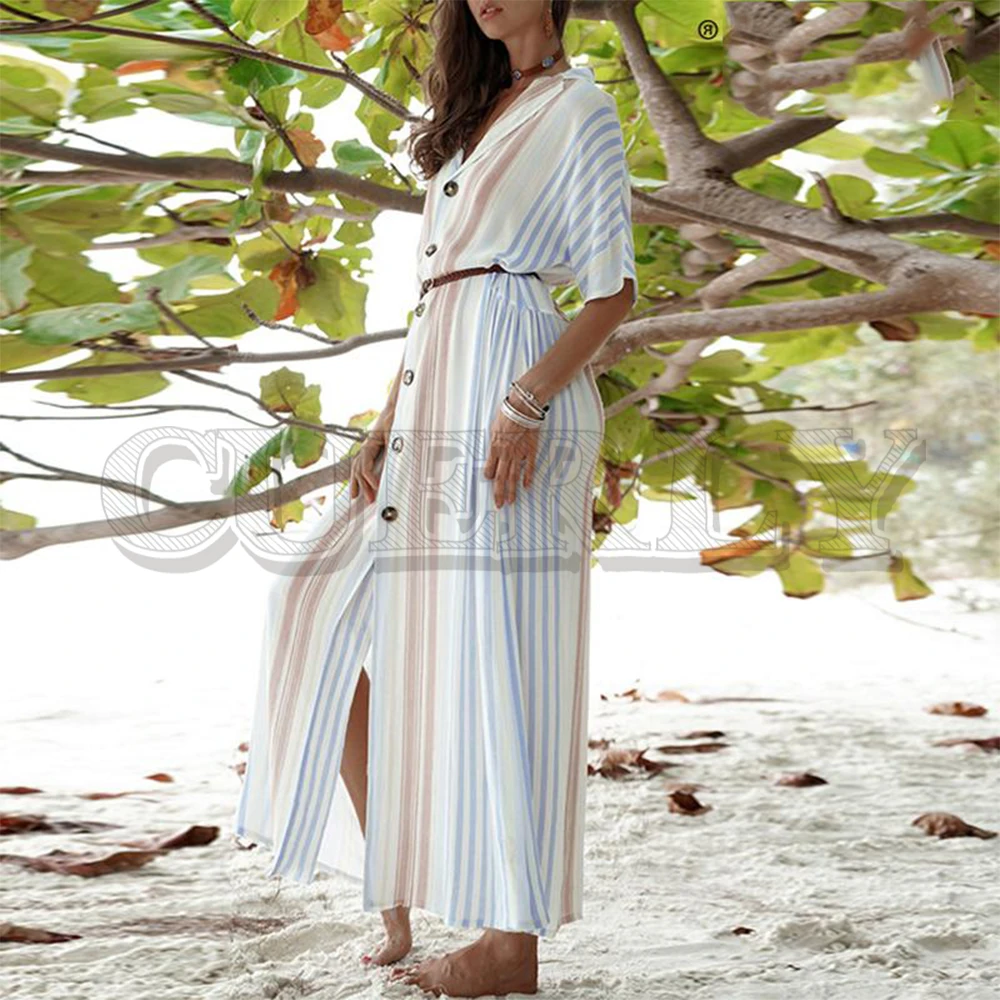 

CUERLY Striped long women summer shirt dress Buttons short sleeve plus size beach dress Elegant cotton female boho vestidos