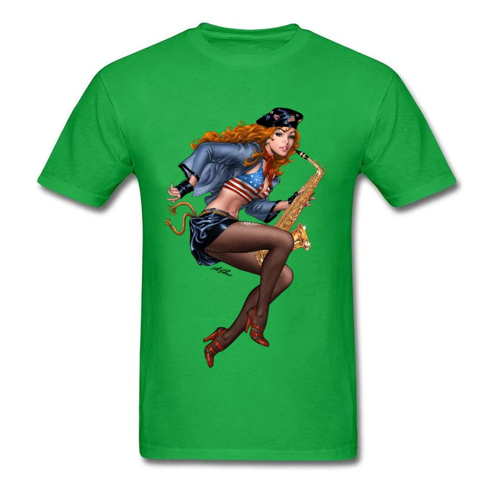 Cool Saxophone Playing Redhead Pinup Tops Shirt New Fashion Crew Neck Funny Short Sleeve 100% Cotton Student T Shirt Tee Shirts Cool Saxophone Playing Redhead Pinup green