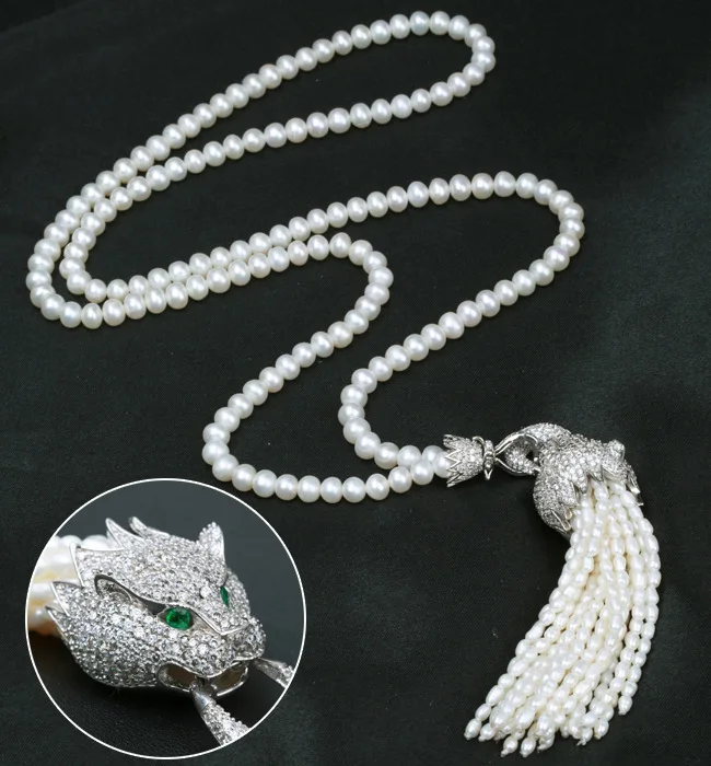 

Natural freshwater pearl Long Sweater Necklace Leopard 925 Silver Great Gatsby Tassels Fine Elegant jewelry Birthstone Gift