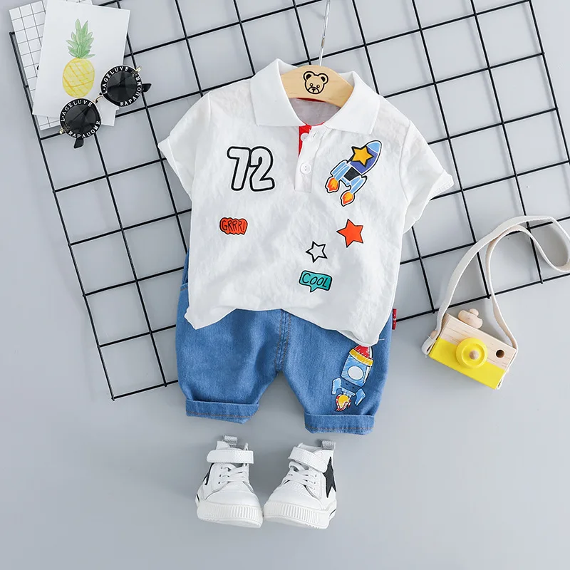 

Newborn Outfit Baby Summer Set Loose T-shirt+Jeans Shorts 2pcs Short Sleeve Casual Baby Boys Clothes White Black Yellow 3 Colors
