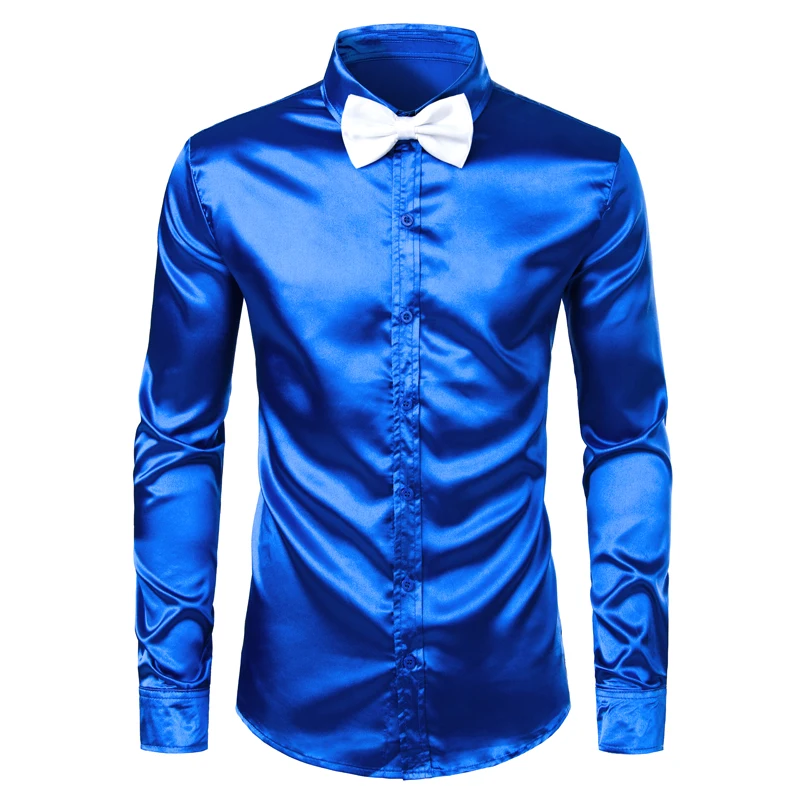 Men's Royal Blue Silk Satin Dress Shirts with White Bowtie New Slim Fit Long Sleeve Men Tuxedo Shirt for Party Wedding 3XL