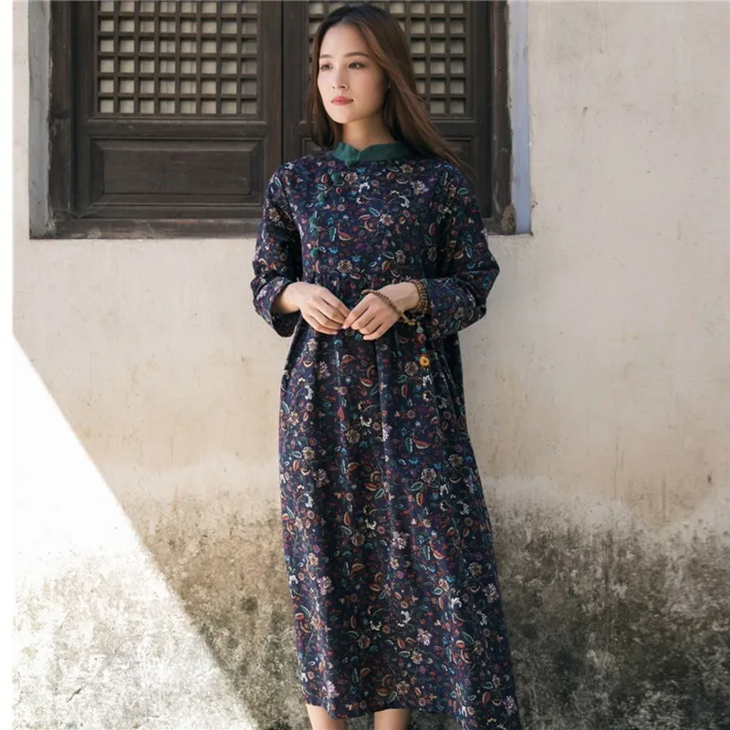 

NINI WONDERLAND Spring Print Dress Women Chinese Style Vintage Dress Lady Mandarin Collar Loose Dresses Autumn Big Size Clothes