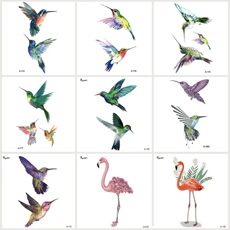 

Wyuen 9 PCS/lot Birds Fake Tattoo Hummingbird Flamingo Temporary Arm Tatoo Stickers for Woman Body Art Watercolor Tattoos JY-016