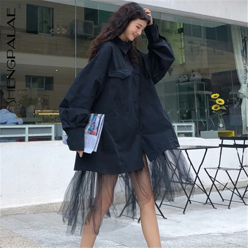 Offerte SHENGPALAE 2019 di Nuovo Modo della Molla Nero Gira giù il Collare A Maniche Lunghe Sciolto casual Del Bordo Della Rappezzatura Irregolare Della Maglia Donna Camicia SC37