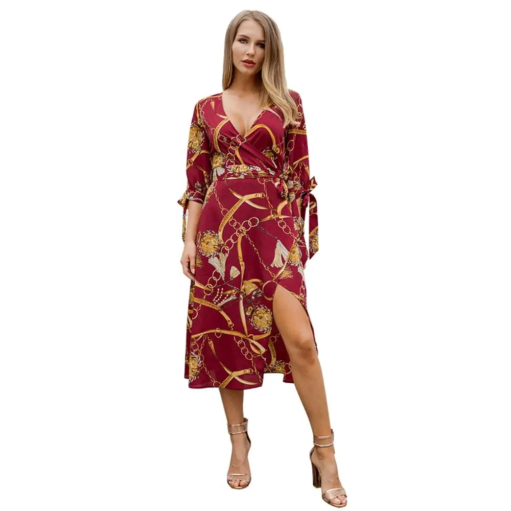 Bella Philosophy Boho Tie с коротким рукавом, v-образным вырезом, с принтом, с разрезом, разрезом, платье-рубашка, винтажное макси, сексуальное пляжное платье - Цвет: R1