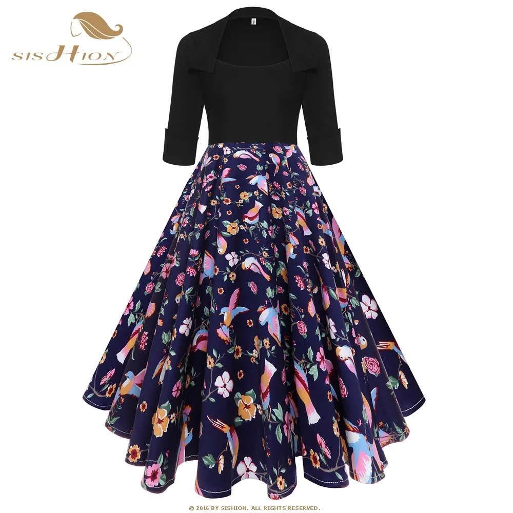 SISHION Cotton Vintage Dress Half Sleeve Floral Birds Print Patchwork