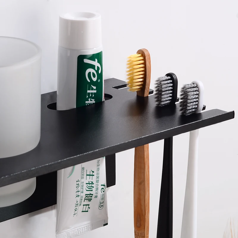 Toothbrush Holder Black Aluminum Bathroom Shelves Decorative Bathroom Accessories Toothbrush Holder Set With 3 Cup Wall Mounted