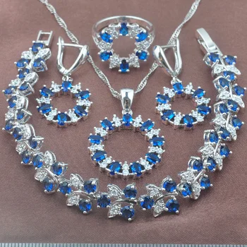 

Noble Blue Cubic Zirconia Silver Color Jewelry Set Wedding Jewelry For Women Earring Necklace Pendant Ring Bracelet Set YZ0416