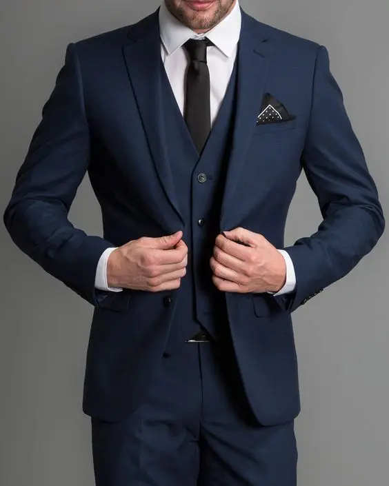 Tailor Made Navy Blue Groom Tuxedos 3 Piece Italian Style Slim Fit Mens